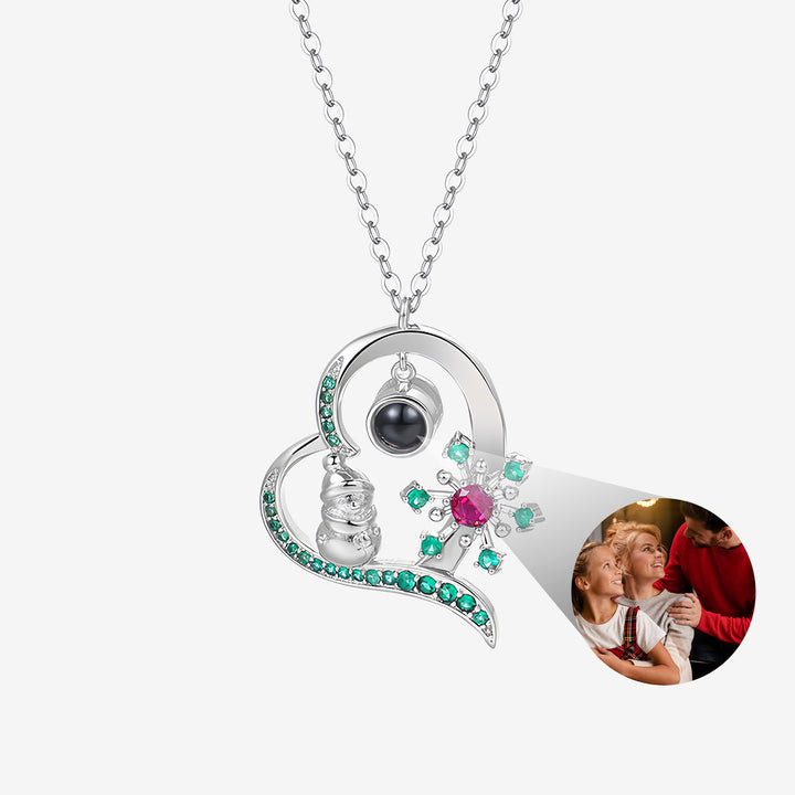 Christmas Heart Shaped Snowman Photo Necklace